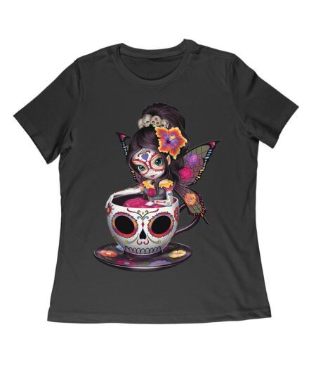 Vibrant Dia de Muertos Fairy T-Shirt with Sugar Skull Art in a Teacup, Perfect for Day of the Dead Celebration Women Relaxed – Viva Party