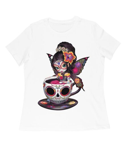 Vibrant Dia de Muertos Fairy T-Shirt with Sugar Skull Art in a Teacup, Perfect for Day of the Dead Celebration Women Relaxed