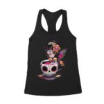 Vibrant Dia de Muertos Fairy T-Shirt with Sugar Skull Art in a Teacup, Perfect for Day of the Dead Celebration Women's Racerback Tank Top – Viva Party