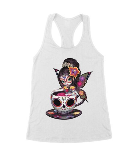 Vibrant Dia de Muertos Fairy T-Shirt with Sugar Skull Art in a Teacup, Perfect for Day of the Dead Celebration Women's Racerback Tank Top
