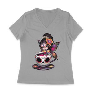 Vibrant Dia de Muertos Fairy T-Shirt with Sugar Skull Art in a Teacup, Perfect for Day of the Dead Celebration Women Jersey V-Neck