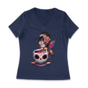 Vibrant Dia de Muertos Fairy T-Shirt with Sugar Skull Art in a Teacup, Perfect for Day of the Dead Celebration Women Jersey V-Neck
