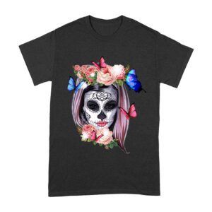 Elegant Dia de Muertos T-Shirt with Floral Sugar Skull and Butterflies, Perfect for Day of the Dead Celebrations Unisex Adult – Viva Party
