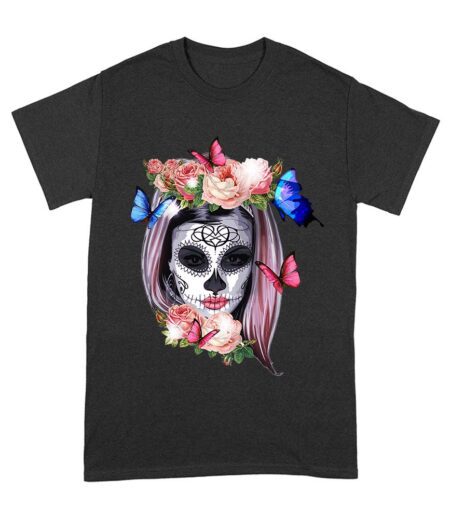 Elegant Dia de Muertos T-Shirt with Floral Sugar Skull and Butterflies, Perfect for Day of the Dead Celebrations Unisex Adult – Viva Party