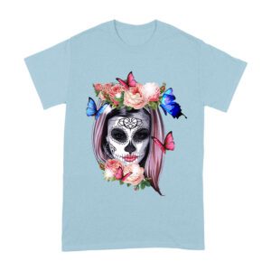 Elegant Dia de Muertos T-Shirt with Floral Sugar Skull and Butterflies, Perfect for Day of the Dead Celebrations Unisex Adult