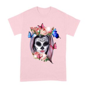 Elegant Dia de Muertos T-Shirt with Floral Sugar Skull and Butterflies, Perfect for Day of the Dead Celebrations Unisex Adult