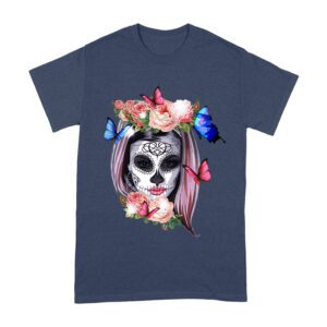 Elegant Dia de Muertos T-Shirt with Floral Sugar Skull and Butterflies, Perfect for Day of the Dead Celebrations Unisex Adult