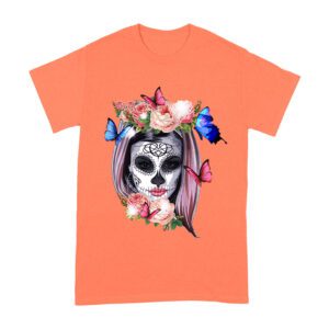 Elegant Dia de Muertos T-Shirt with Floral Sugar Skull and Butterflies, Perfect for Day of the Dead Celebrations Unisex Adult