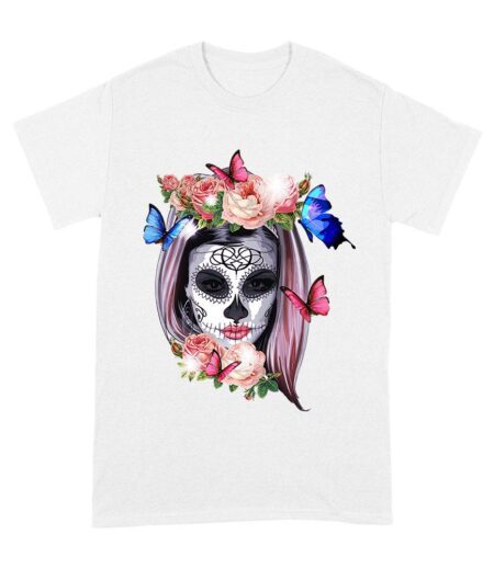 Elegant Dia de Muertos T-Shirt with Floral Sugar Skull and Butterflies, Perfect for Day of the Dead Celebrations Unisex Adult