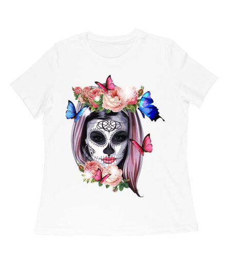 Elegant Dia de Muertos T-Shirt with Floral Sugar Skull and Butterflies, Perfect for Day of the Dead Celebrations Women Relaxed