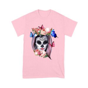 Elegant Dia de Muertos T-Shirt with Floral Sugar Skull and Butterflies, Perfect for Day of the Dead Celebrations Unisex Youth