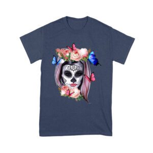 Elegant Dia de Muertos T-Shirt with Floral Sugar Skull and Butterflies, Perfect for Day of the Dead Celebrations Unisex Youth