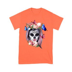 Elegant Dia de Muertos T-Shirt with Floral Sugar Skull and Butterflies, Perfect for Day of the Dead Celebrations Unisex Youth