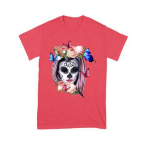 Elegant Dia de Muertos T-Shirt with Floral Sugar Skull and Butterflies, Perfect for Day of the Dead Celebrations Unisex Youth