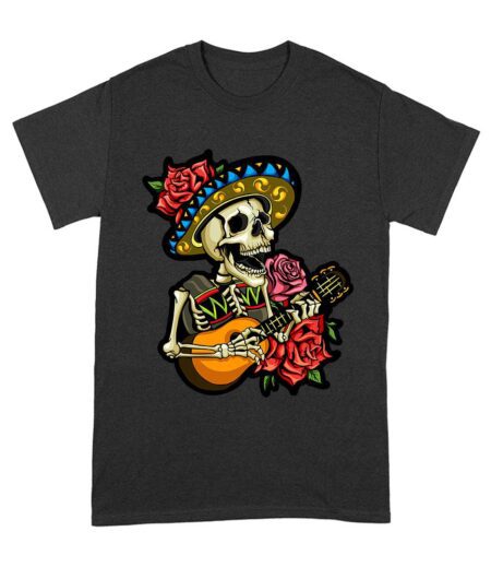 Dia de Muertos Skeleton T-Shirt with Guitar and Red Roses, Perfect for Day of the Dead Celebration Unisex Adult – Viva Party