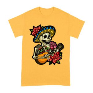 Dia de Muertos Skeleton T-Shirt with Guitar and Red Roses, Perfect for Day of the Dead Celebration Unisex Adult