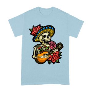 Dia de Muertos Skeleton T-Shirt with Guitar and Red Roses, Perfect for Day of the Dead Celebration Unisex Adult