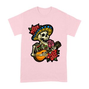 Dia de Muertos Skeleton T-Shirt with Guitar and Red Roses, Perfect for Day of the Dead Celebration Unisex Adult