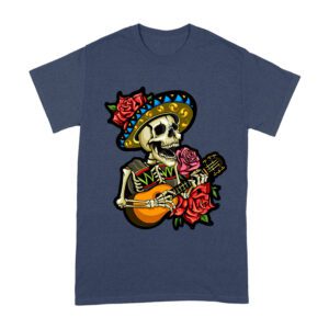 Dia de Muertos Skeleton T-Shirt with Guitar and Red Roses, Perfect for Day of the Dead Celebration Unisex Adult
