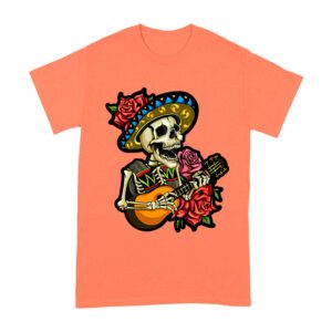 Dia de Muertos Skeleton T-Shirt with Guitar and Red Roses, Perfect for Day of the Dead Celebration Unisex Adult