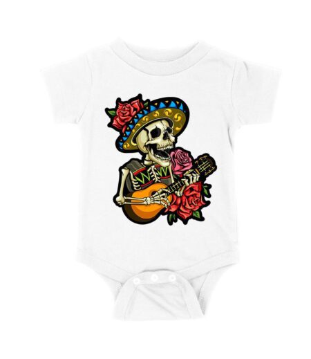 Dia de Muertos Skeleton T-Shirt with Guitar and Red Roses, Perfect for Day of the Dead Celebration Unisex Baby Jersey