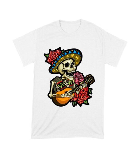 Dia de Muertos Skeleton T-Shirt with Guitar and Red Roses, Perfect for Day of the Dead Celebration Unisex Toddler