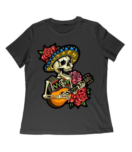 Dia de Muertos Skeleton T-Shirt with Guitar and Red Roses, Perfect for Day of the Dead Celebration Women Relaxed – Viva Party