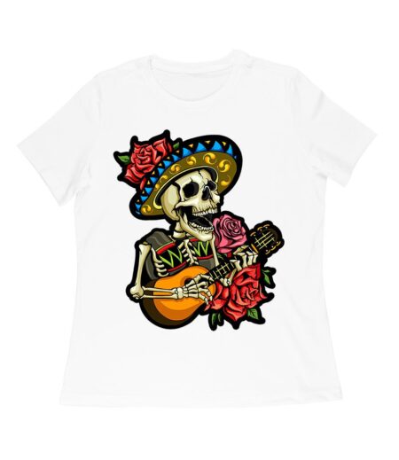 Dia de Muertos Skeleton T-Shirt with Guitar and Red Roses, Perfect for Day of the Dead Celebration Women Relaxed
