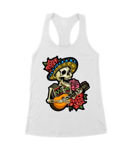 Dia de Muertos Skeleton T-Shirt with Guitar and Red Roses, Perfect for Day of the Dead Celebration Women's Racerback Tank Top