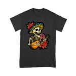Dia de Muertos Skeleton T-Shirt with Guitar and Red Roses, Perfect for Day of the Dead Celebration Unisex Youth – Viva Party