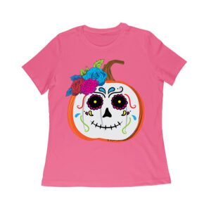 Unique Pumpkin Shape Skull T-Shirt, Perfect for Fall and Dia de Muertos Celebrations Women Relaxed