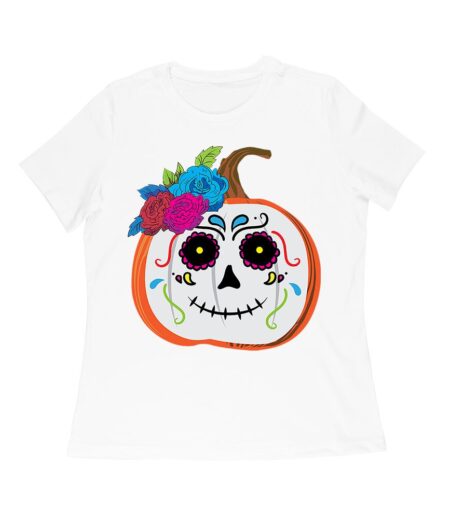 Unique Pumpkin Shape Skull T-Shirt, Perfect for Fall and Dia de Muertos Celebrations Women Relaxed