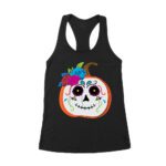 Unique Pumpkin Shape Skull T-Shirt, Perfect for Fall and Dia de Muertos Celebrations Women's Racerback Tank Top – Viva Party