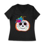 Unique Pumpkin Shape Skull T-Shirt, Perfect for Fall and Dia de Muertos Celebrations Women Jersey V-Neck – Viva Party