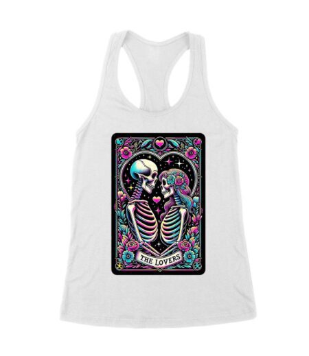 The Lovers Dia de Muertos Skeleton Art T-Shirt ? Vibrant Day of the Dead Romance Design Women's Racerback Tank Top