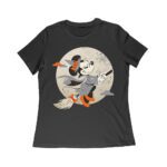 Cute Cartoon Witch Riding Besom T-Shirt - Fun Halloween Moon Background Tee Women Relaxed – Viva Party