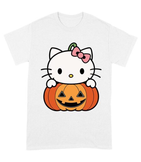 Adorable Hello Kitty on a Pumpkin Halloween T-Shirt ? Cute and Spooky Cat Design Unisex Adult