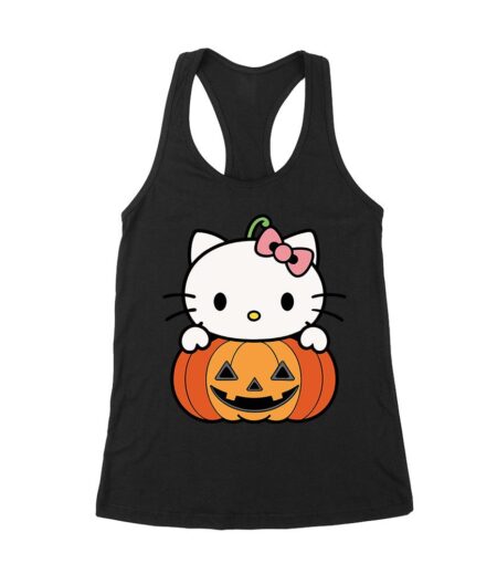 Adorable Hello Kitty on a Pumpkin Halloween T-Shirt ? Cute and Spooky Cat Design Women's Racerback Tank Top – Viva Party
