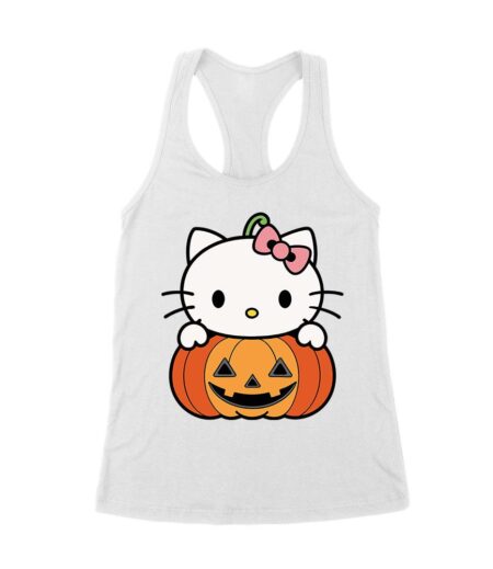 Adorable Hello Kitty on a Pumpkin Halloween T-Shirt ? Cute and Spooky Cat Design Women's Racerback Tank Top