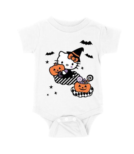 Cute Hello Kitty with Pumpkin and Sweets Halloween T-Shirt ? Fun Bat Background Design Unisex Baby Jersey