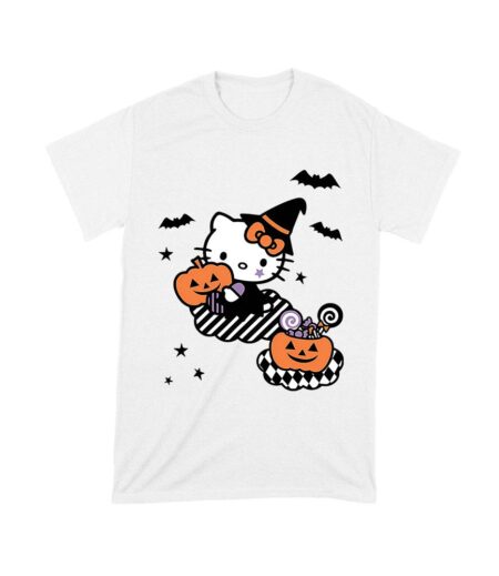 Cute Hello Kitty with Pumpkin and Sweets Halloween T-Shirt ? Fun Bat Background Design Unisex Toddler