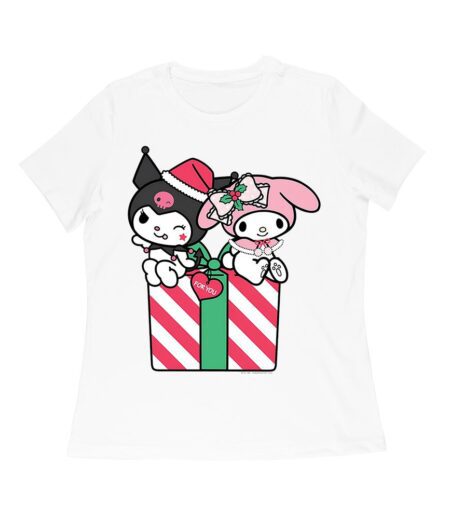 Festive Christmas Duo T-Shirt ? Cute Black and Pink Characters with Holiday Gift Box, Perfect Christmas Gift for Kids & Teens, Fun Holiday Cartoon Tee Women Relaxed