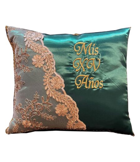 5 Pc Hunter Green and Gold Quinceanera Pillow Set