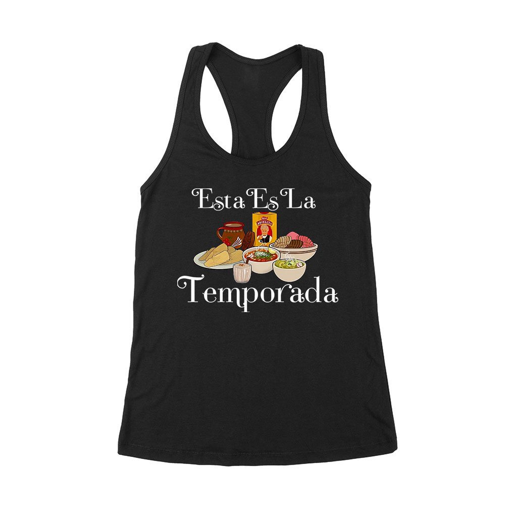 Tksg-04_Wrtt-Black.jpg Esta Es La Temporada Foods On The Table Thanksgiving T-Shirt - Fun Holiday Wear - Perfect Gift For Food Lovers - Comfortable Fit Women'S Racerback Tank Top – Viva Party