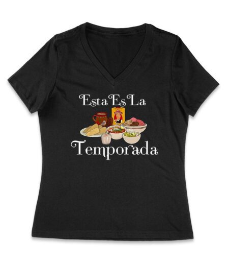 Esta Es La Temporada Foods on the Table Thanksgiving T-Shirt - Fun Holiday Wear - Perfect Gift for Food Lovers - Comfortable Fit Women Jersey V-Neck – Viva Party