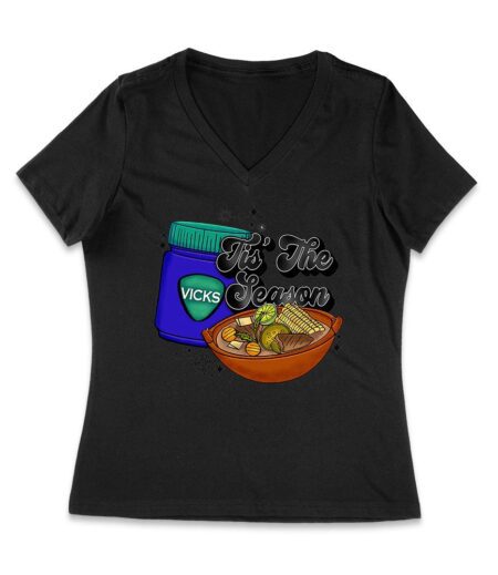 This the Season Vicks Balm Bottle with Food Bowl T-Shirt - Unique Holiday Wear - Perfect Gift for Fun-Loving Foodies - Cozy Fit Women Jersey V-Neck – Viva Party