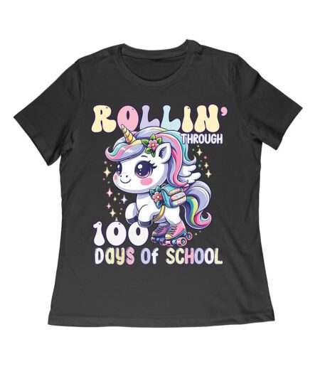 Adorable Unicorn 100 Days of School T-Shirt - Rollin' Through Milestones with Cute Roller Skates Women Relaxed – Viva Party