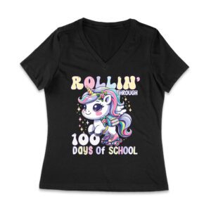 Adorable Unicorn 100 Days of School T-Shirt - Rollin' Through Milestones with Cute Roller Skates Women Jersey V-Neck – Viva Party