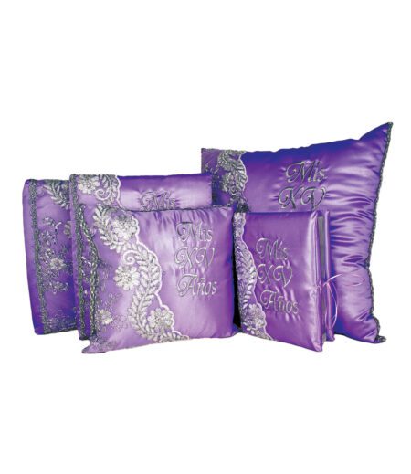 Lavender and Silver 5 Piece Quinceanera Set Mis Quince Set with Kneeling Pillow, Tiara Pillow, Guestbook, Photo Album, Spanish Bible, My Sweet 15 Decorations – Viva Party