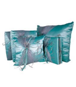 Aqua and Silver 5 Piece Quinceanera Set Mis Quince Set with Kneeling Pillow, Tiara Pillow, Guestbook, Photo Album, Spanish Bible, My Sweet 15 Decorations – Viva Party